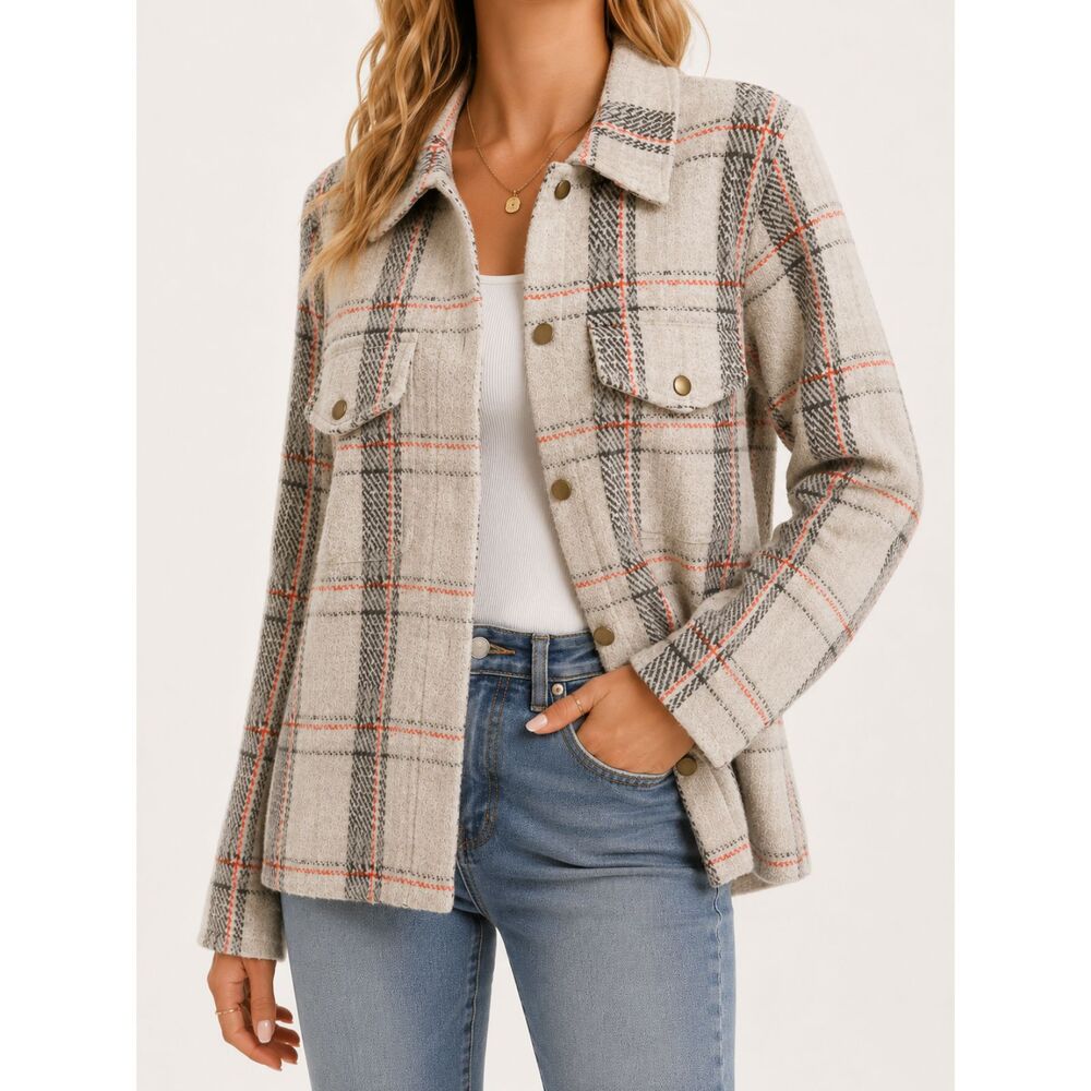 Rachel Zoe Plaid Fuzzy Knit Shacket M Cream Gray Orange Snap Front Fall Jacket